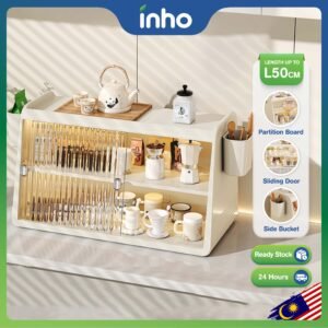 INHO L50cm Kitchen Desktop Mug Teacup Holder Rack Dustproof Glass Drain Rack Storage Organizer